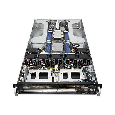 Von oben fotografierter Server-Rack-Computer. Gehäuse aus Metall, innenliegend Lüfter, Kabel, RAM-Module und Hardware.