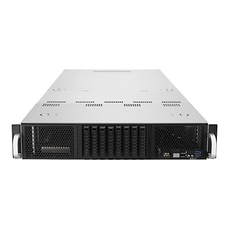 Ein grauer Server-Rack mit mehreren Einschüben für Festplatten und Lüftern, vor weißem Hintergrund.