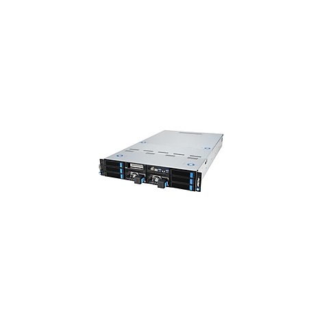 Ein grauer Server vor weißem Hintergrund. Vorn sind mehrere Anschlussbuchsen mit blauen Markierungen sichtbar.