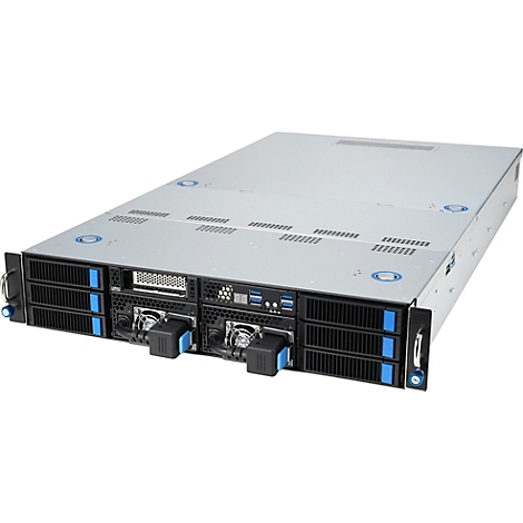 Ein grauer Serverschrank, der von vorne fotografiert wurde. Blaue Elemente an der Vorderseite, Details wie Lüfter und Anschlüsse.