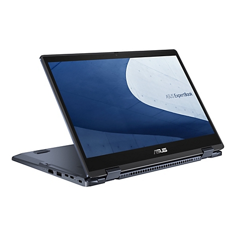 Ein grauer Laptop mit geöffnetem Bildschirm. Der Bildschirm zeigt einen blauen Hintergrund und den Text "ASUS ExpertBook".