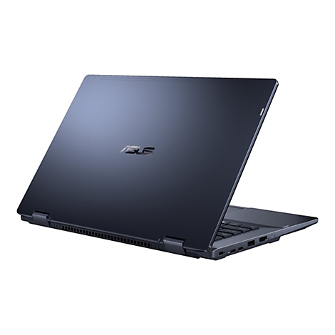 Dunkelblauer Laptop, leicht geöffnet, mit ASUS-Logo. Vor weißem Hintergrund.