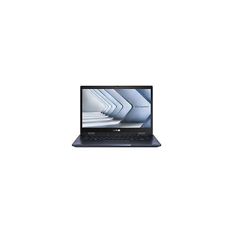 Dunkelblauer Laptop, Bildschirm zeigt ein abstraktes Muster. Das Logo 'ASUS Expertbook' ist zu sehen.