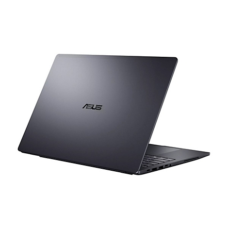 Dunkelgrauer Asus Laptop in halb geöffneter Position, gesehen von der Rückseite mit sichtbarem Logo.