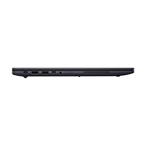 Seitenansicht eines dunklen Laptops mit verschiedenen Anschlüssen wie USB-C, HDMI und Audioanschluss.