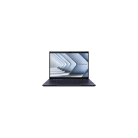 Dunkelblauer Laptop, Frontansicht, offener Deckel, Bildschirm zeigt helle, geometrische Formen und Asus ExpertBook Schriftzug.