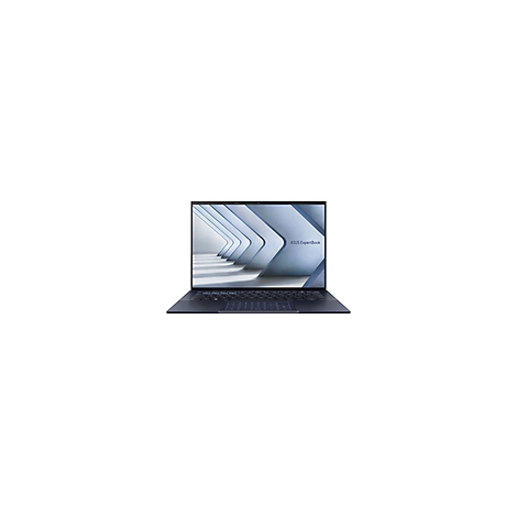 Dunkelblauer Laptop, Frontansicht, offener Deckel, Bildschirm zeigt abstraktes Design.