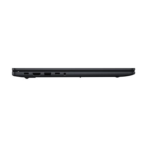 Seitenansicht eines schwarzen Laptops mit Anschlüssen wie HDMI, USB-C und Kopfhöreranschluss.