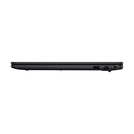 Schwarzes Laptop, Seitenansicht. Es sind Anschlüsse zu sehen.