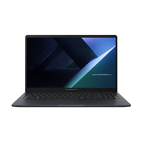 Dunkelgraues Laptop mit schwarzem Bildschirm, der "ASUS EXPERTBOOK" zeigt. Tastatur und Touchpad sind deutlich sichtbar.