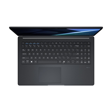 Draufsicht eines schwarzen ASUS ExpertBook Laptops mit QWERTZ-Tastatur und beleuchtetem Bildschirm vor weißem Hintergrund.