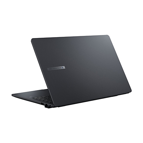 Dunkelgraues ASUS Expertbook-Laptop, leicht geöffnet, Ansicht von hinten rechts, auf weißem Hintergrund.