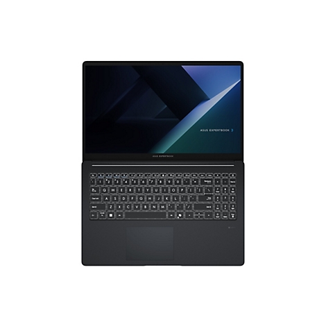 Draufsicht auf ein schwarzes Asus Expertbook-Laptop, der Bildschirm zeigt ein blaues Design, die Tastatur ist beleuchtet.