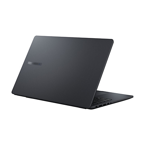 Schwarzes Asus Expertbook Laptop, halb geschlossen, von hinten mit Logo auf weißem Hintergrund.