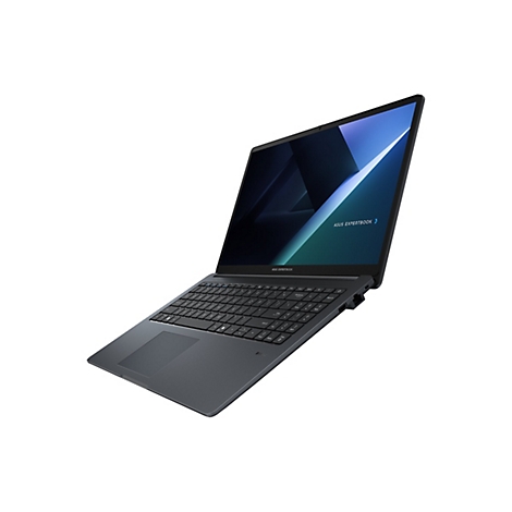 Schwarzer Asus ExpertBook Laptop in perspektivischer Ansicht vor weißem Hintergrund.