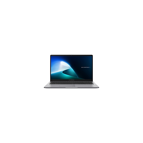 Grauer Laptop mit offenem Bildschirm, auf dem ein blaues abstraktes Muster zu sehen ist. Auf dem Display ist "ASUS EXPERTBIOOK" zu lesen.