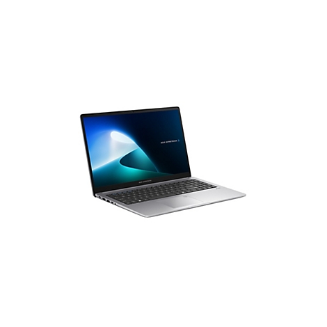 Silbernes Asus Expertbook Laptop, schräg von vorne mit eingeschaltetem Bildschirm vor weißem Hintergrund.
