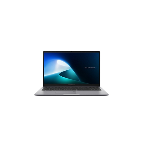 Dunkelgraues ASUS ExpertBook Laptop, frontal geöffnet vor weißem Hintergrund mit leuchtendem Display.