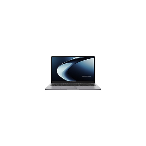 Ein silberner Laptop, geöffnet mit einem dynamischen blauen Hintergrund, die Tastatur ist sichtbar.