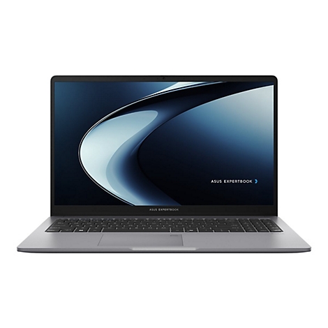 Grauer Laptop mit beleuchtetem Bildschirm. Auf dem Bildschirm steht ASUS EXPERTBOOK.