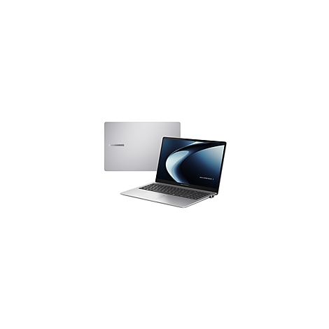 Silberner Laptop im 45-Grad-Winkel, daneben die Oberseite. Auf dem Bildschirm ein abstraktes Muster.