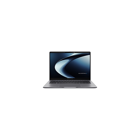 Ein graues Laptop mit schwarzem Display, das ein blaues abstraktes Muster zeigt, vor weißem Hintergrund.