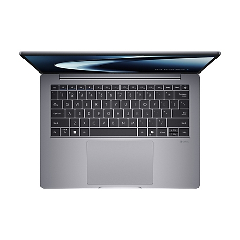 Draufsicht auf ein graues Laptop mit schwarzer Tastatur und geöffnetem Bildschirm. Das Display zeigt eine abstrakte, blaue Grafik. Der Laptop ist auf weißem Hintergrund.