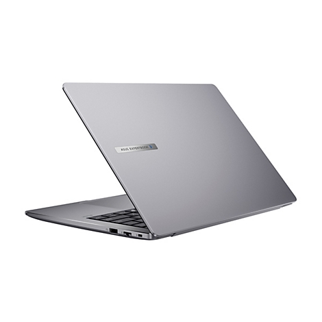 Ein silberner Laptop, teilweise geöffnet, vor weißem Hintergrund. Auf dem Deckel steht „ASUS EXPERTBOOK“. 