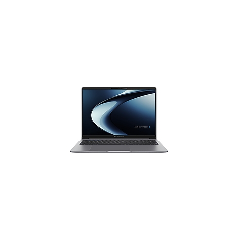 Grauer Laptop mit offenem Bildschirm, auf dem ein abstraktes blau-weißes Muster zu sehen ist.