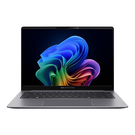 Grauer Laptop mit offenem Deckel, im Display bunte Wirbelstrukturen vor schwarzem Hintergrund. Tastatur und Schriftzug „ASUS EXPERTBOOK“ sichtbar.