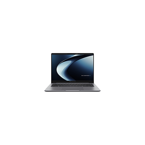 Grauer Laptop, leicht geöffnet, vor blau-schwarzem Hintergrund. Auf dem Bildschirm ist das Logo "ASUS Expertbook" zu sehen.