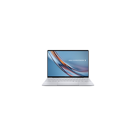 Hellgraues Asus Expertbook Laptop, Bildschirm mit Logo, auf weißem Untergrund.