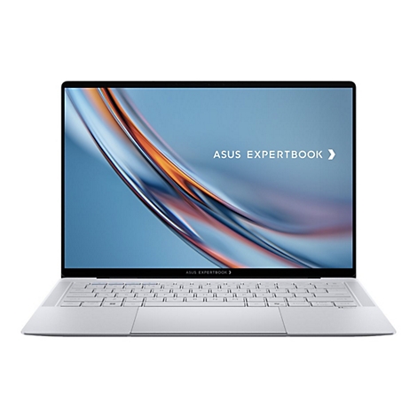 Silbernes Asus Expertbook Notebook von vorne. Der Bildschirm zeigt ein abstraktes, blau-orangefarbenes Hintergrundbild.