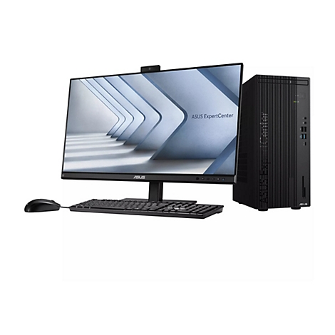 Schwarzer Asus ExpertCenter Desktop-PC mit Monitor, Tastatur und Maus auf weißem Hintergrund.
