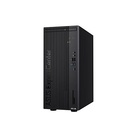 Schwarzer Asus ExpertCenter Tower PC mit vertikal gerippter Frontblende und diversen Anschlüssen auf weißem Grund.