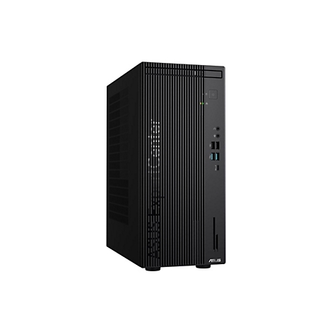Schwarzer Asus ExpertCenter Desktop-PC in kompakter Tower-Bauweise mit vertikal gerippter Frontblende.