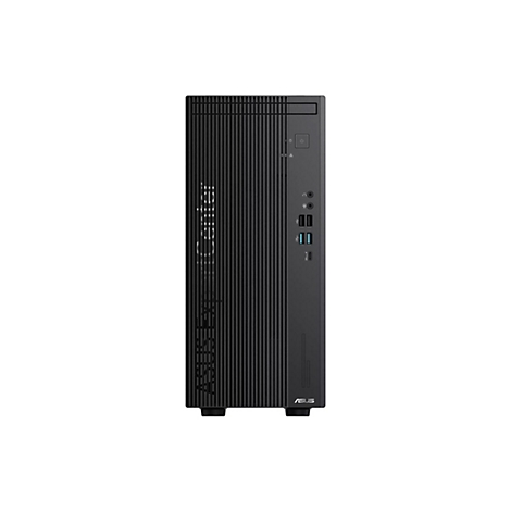 Schwarzer Asus ExpertCenter Tower-PC mit vertikal gerippter Frontblende und verschiedenen Anschlüssen.