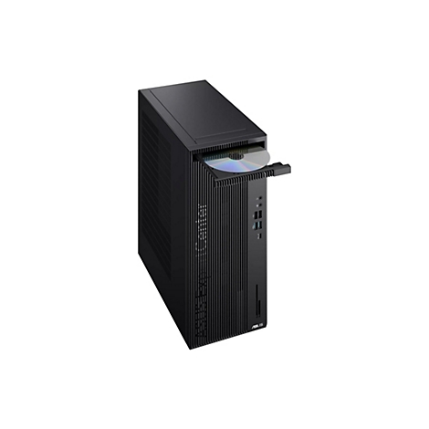 Schwarzer Asus ExpertCenter Desktop-PC mit geöffnetem CD-Laufwerk vor weißem Hintergrund.