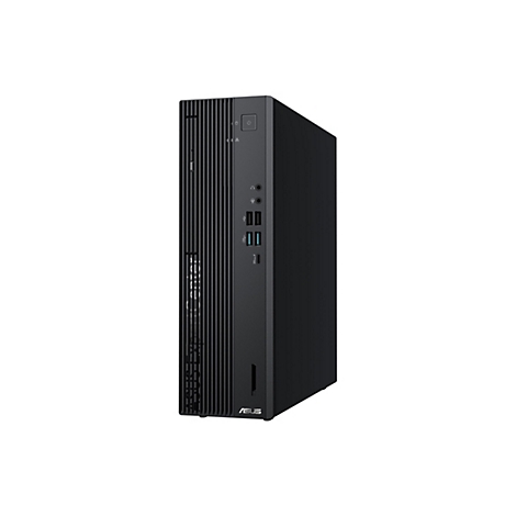 Schwarzer Asus ExpertCenter PC-Tower im SFF-Format mit vertikalen Lamellen und Frontanschlüssen vor weißem Hintergrund.