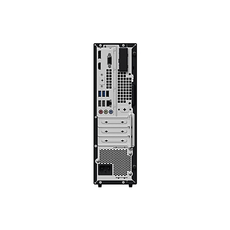 Rückseite eines Desktop-PCs mit diversen Anschlüssen wie HDMI, USB und Audio sowie einem Lüftergitter.