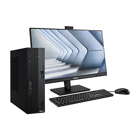 Schwarzer Asus ExpertCenter Desktop-PC mit Monitor, Tastatur und Maus auf weißem Hintergrund.