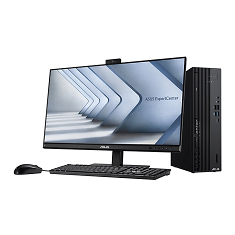Schwarzer Asus ExpertCenter Desktop-PC mit Monitor, Tastatur und Maus auf weißem Hintergrund.