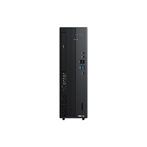 Schwarzer Asus ExpertCenter PC-Tower in Frontansicht mit vertikalen Lamellen und verschiedenen Anschlüssen.