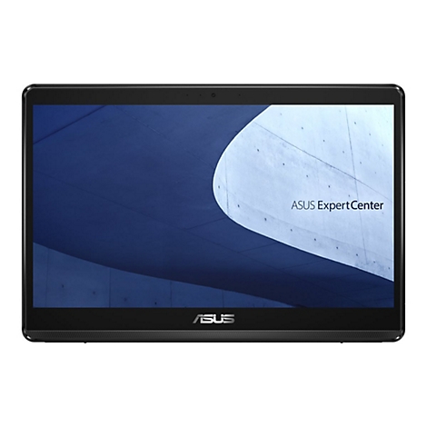 Schwarzes Tablet mit ASUS-Logo und Aufschrift ASUS ExpertCenter. Bildschirm zeigt abstraktes, blau-weißes Muster.