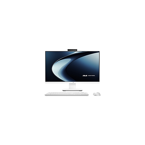 Weißer All-in-One-PC mit Tastatur und Maus; Bildschirm mit blau-weißem Design und Webcam.