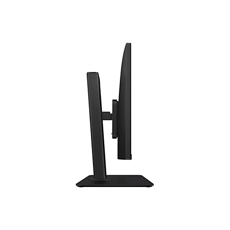 Seitliche Ansicht eines schmalen, schwarzen Computermonitors auf einem Standfuß vor weißem Hintergrund.