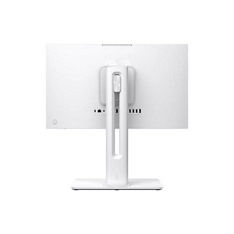 Rückansicht eines weißen ASUS All-in-One-Computers mit Standfuß und verschiedenen Anschlüssen auf weißem Grund.