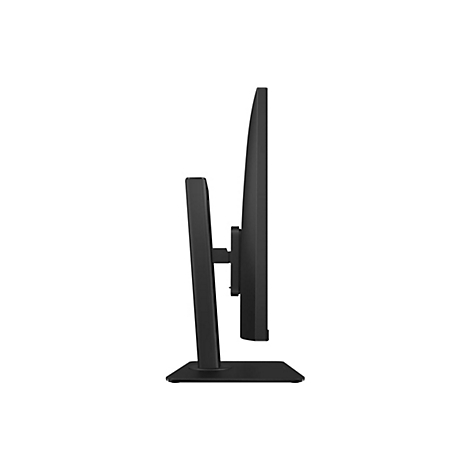 Seitliche Ansicht eines schwarzen Computermonitors auf einem Standfuß vor weißem Hintergrund.