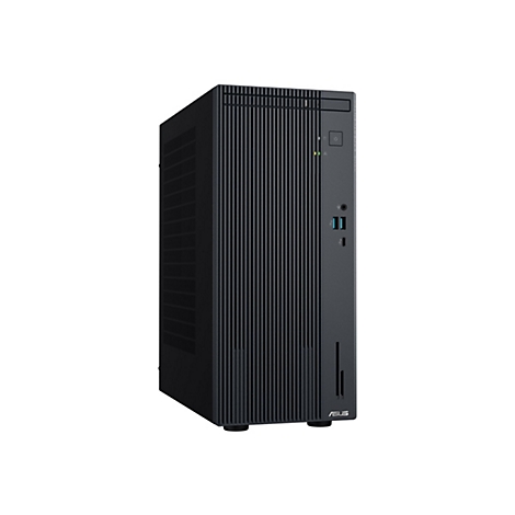Schwarzer PC-Tower mit geriffelter Front. Oben befinden sich Anschlüsse und ein Einschaltknopf mit LED-Anzeigen. Das ASUS-Logo ist unten rechts zu sehen.