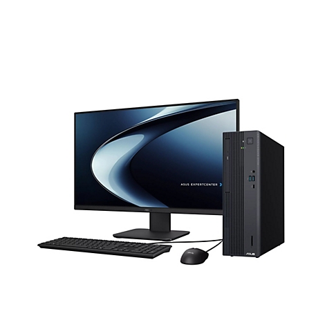 Schwarzer Asus ExpertCenter Desktop-PC mit Monitor, Tastatur und Maus auf weißem Hintergrund.